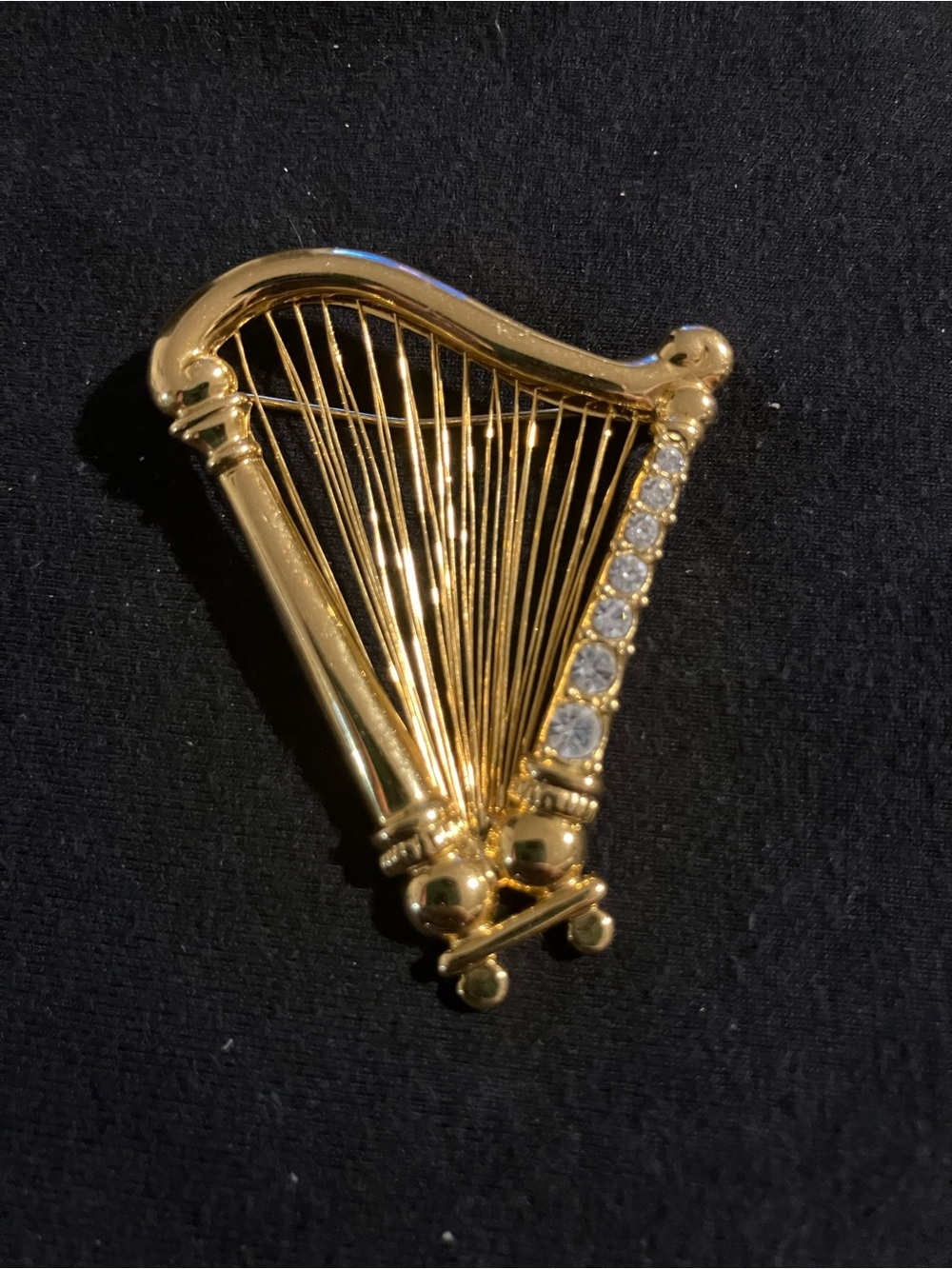 Gold Harp Pin Brooch with Clear Rhinestones